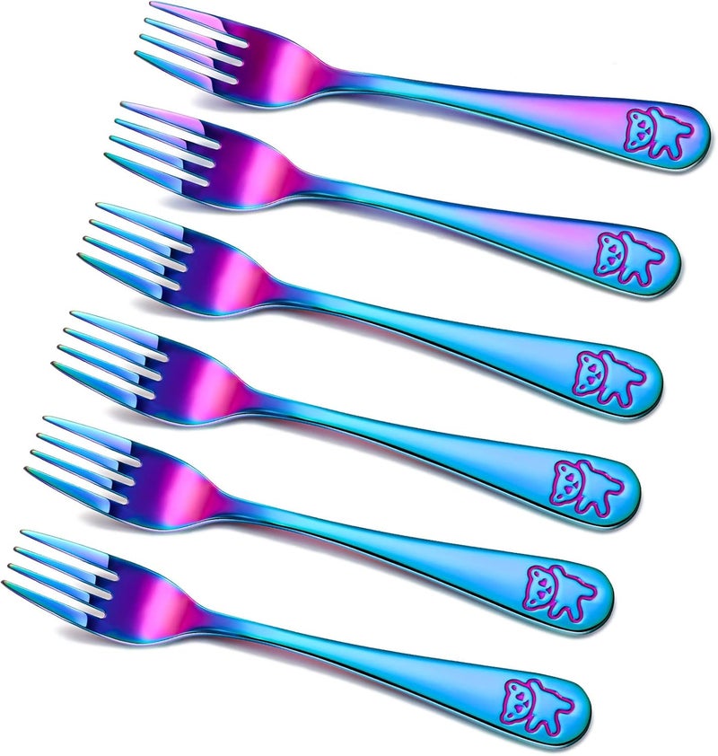 Minatee 6 Pieces Rainbow Kids Forks Toddler Silverware Set Baby Utensil Small Food Grade Cutlery Flatware Stainless Steel Forks Metal Self Feeding for Home and School, Dishwasher Safe - Image 1